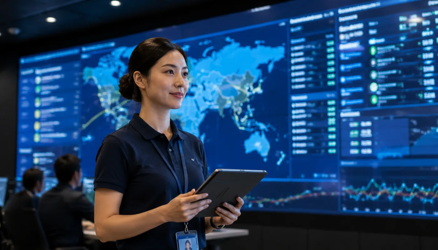 A logistics coordinator at a live control-tower dashboard with real-time ETAs