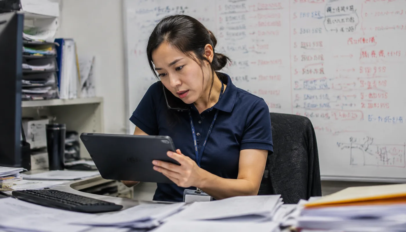 A logistics coordinator chasing shipment statuses by phone and whiteboard