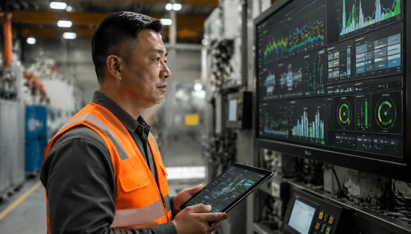 A supervisor at a live digital production dashboard with real-time output