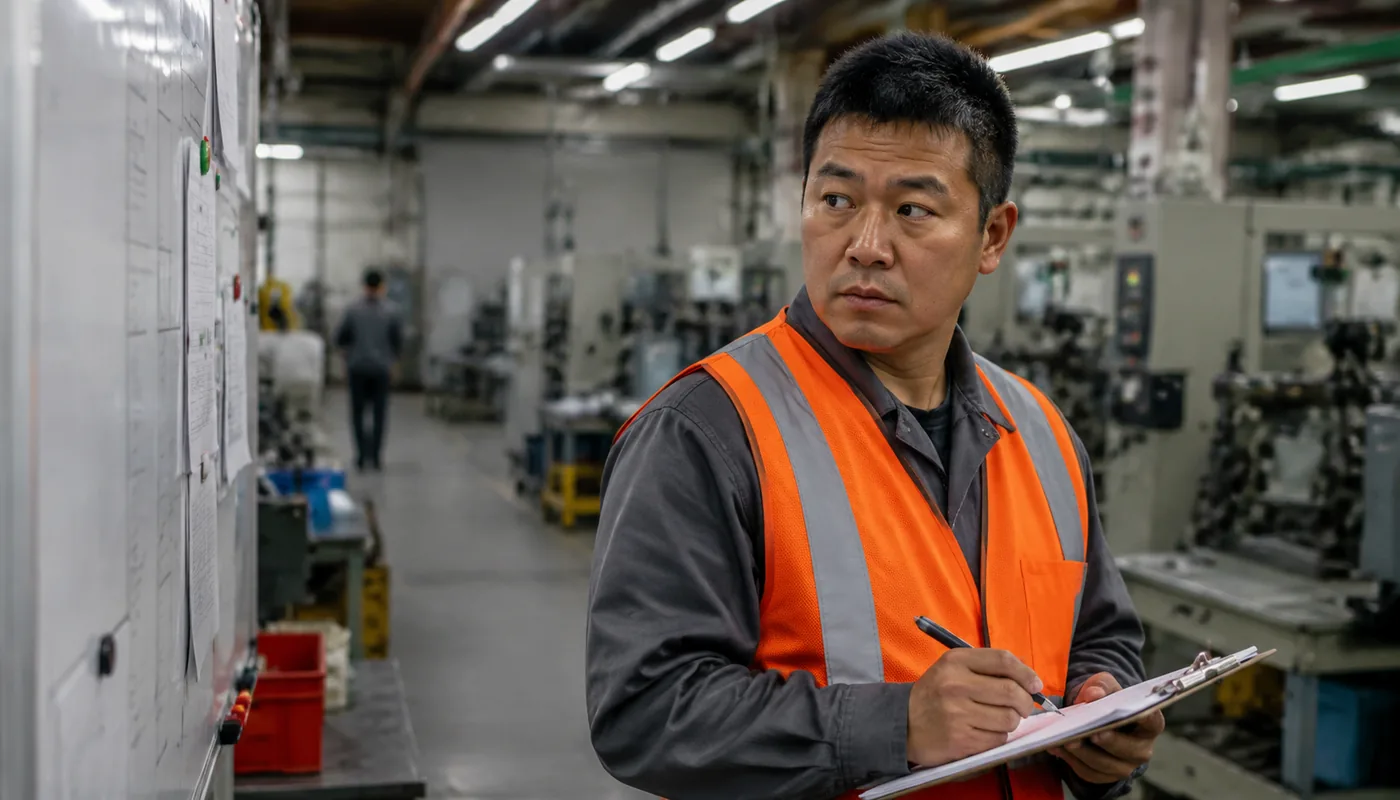 A supervisor tracking production output by hand on a clipboard