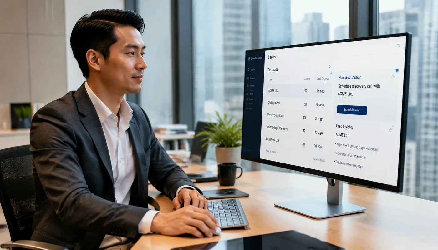 A sales rep working a clean AI-scored CRM with next-best-action
