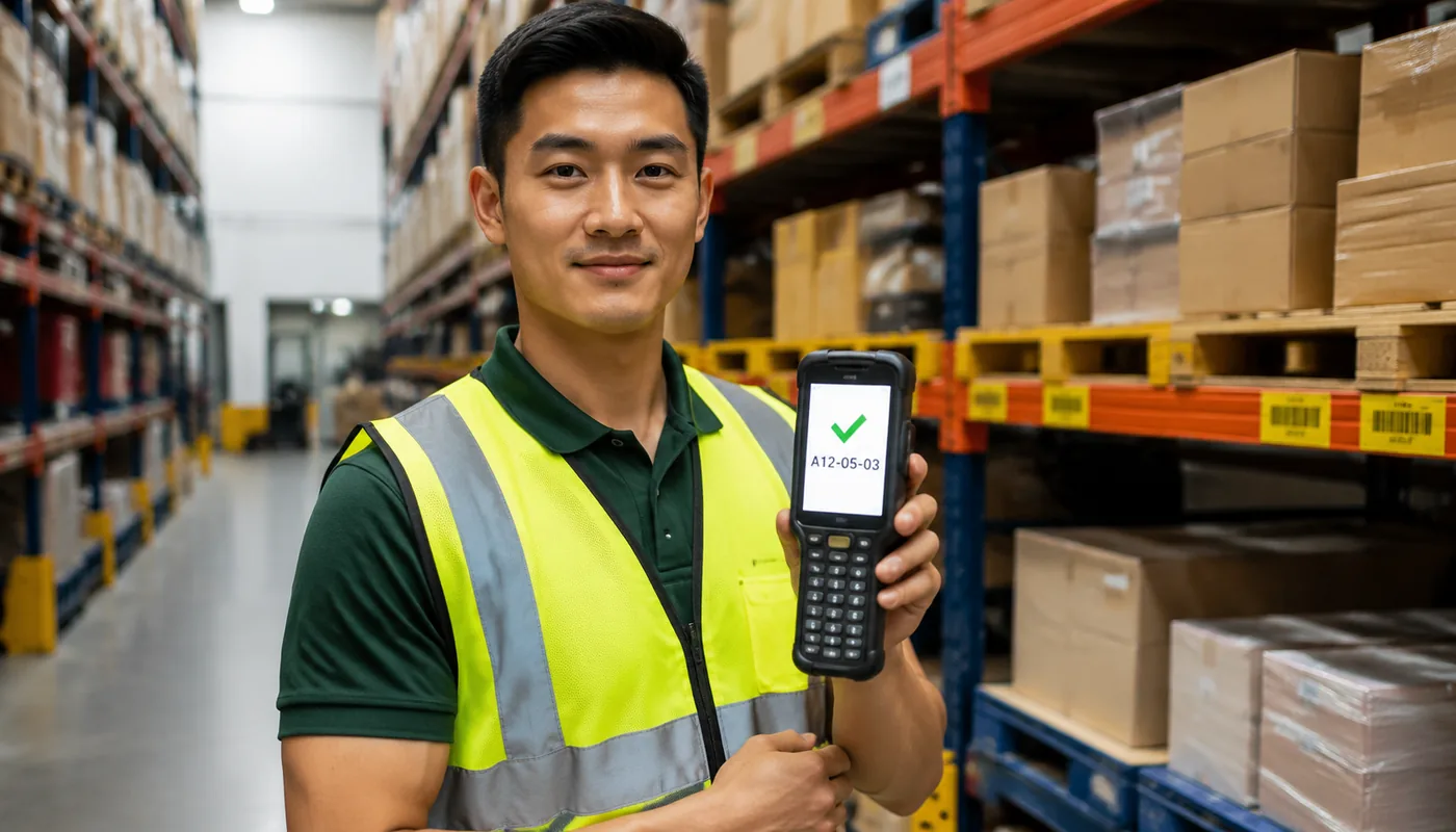A warehouse worker whose scanner pinpoints the pallet location instantly