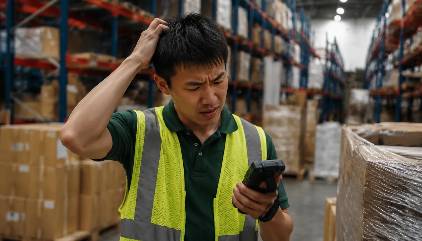 A warehouse worker unable to find stock on an old terminal